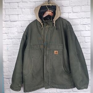Vintage Carhartt Green 14806 Canvas Duck Barn Jacket w/Hood 4XL Quilted Lining